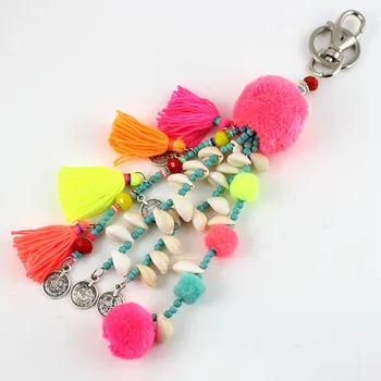 

2020 New Ethnic BOHO Style Fashion Handmade Accessories Colorful POMPOM Tassel Key Chain Key Ring Pendant Jewelry