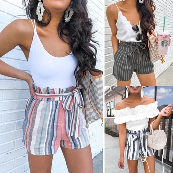 

Summer Fashion Stripe Print Shorts Women Casual Lace Up Pockets Short Pants High Waist Loose Elegant Basic Short Trousers Female