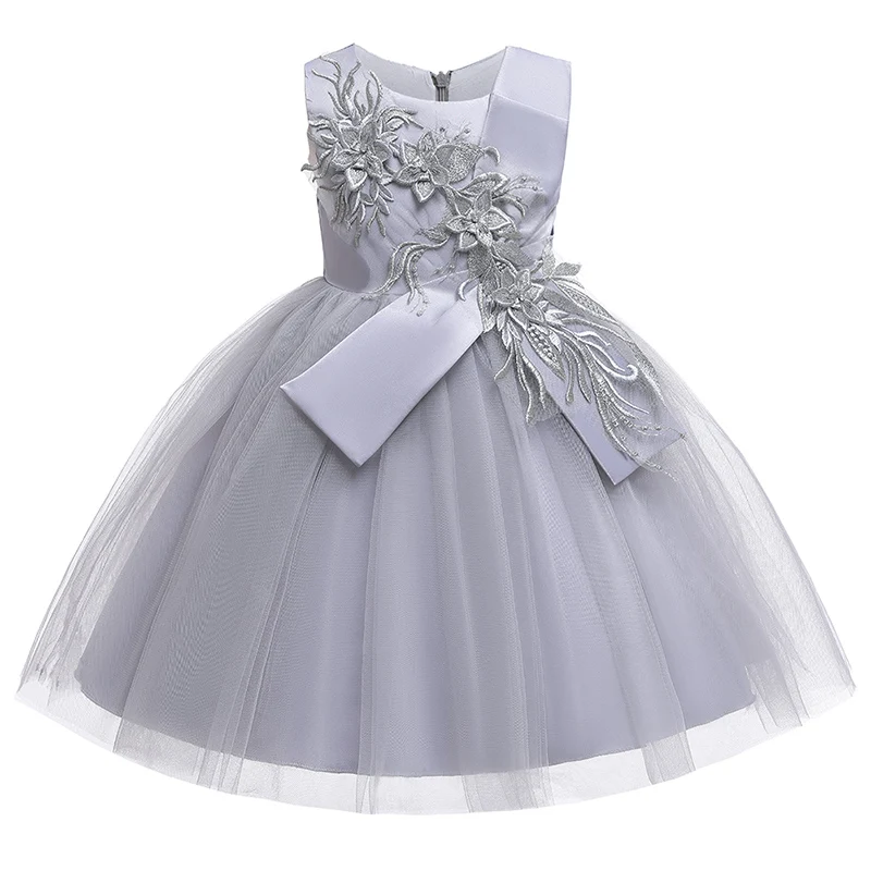 Пышные Платья с цветочным узором для девочек сетчатые платья с вышивкой для девочек на свадьбу, детская одежда костюм для малышей L5045 - Цвет: gray