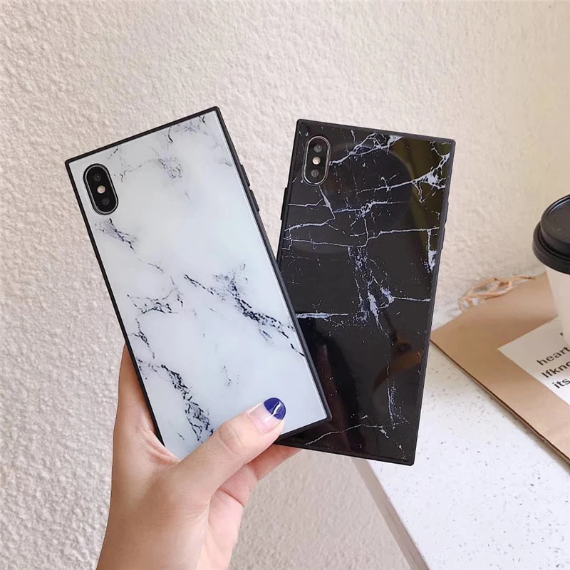 

Tempered Glass Phone Case for iPhone 8 Cases Marble Square Rectangle Back Cover For iPhone X XS Max XR 6 6s 7 8 Plus