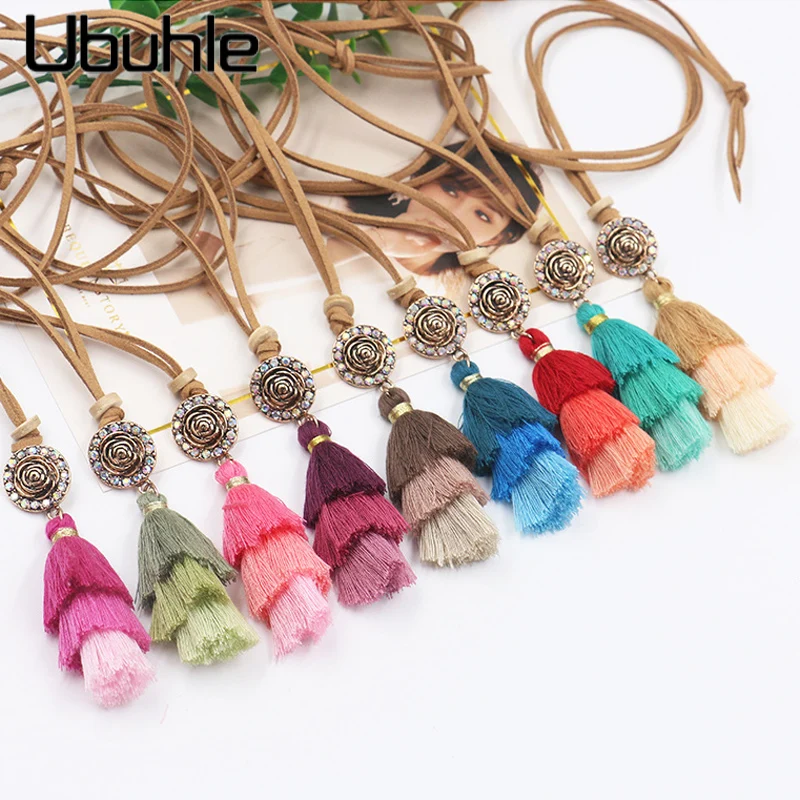 ##BUY 10 Colors Fringe Sweater Bohemian Tassel Necklace Long Leather Chain Pendant Necklaces for Women Maxi Choker Statement Jewelry