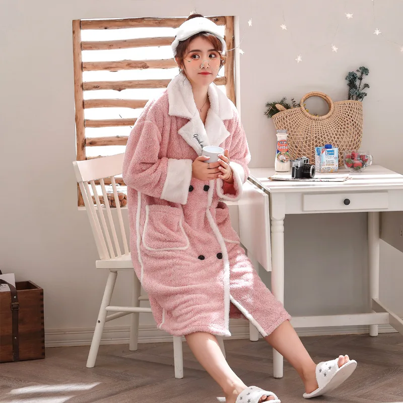 Women Winter Pajamas Thickening Coral Fleece Nightgown Embroidered 1 Piece Cardigan Flannel Bathrobe Sleepwear Nightwear