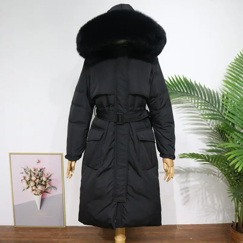 Новинка, длинный пуховик с натуральным мехом, зима, женское плотное теплое пальто, белое пуховое водонепроницаемое пальто - Цвет: Negro