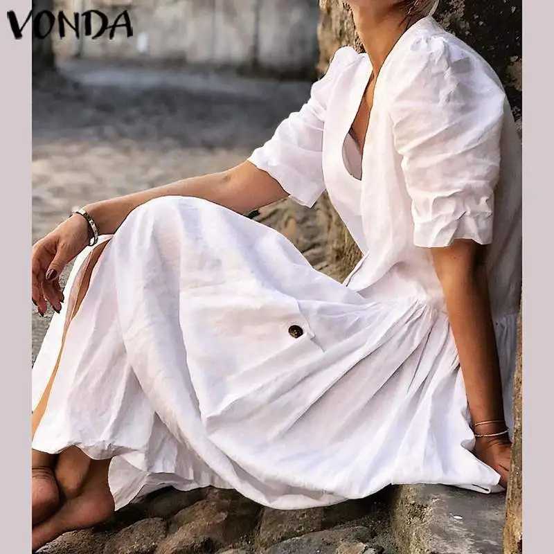 VONDA/однотонные вечерние женские осенние платья с рукавом средней длины и глубоким v-образным вырезом, свободные праздничные богемные платья на пуговицах размера плюс