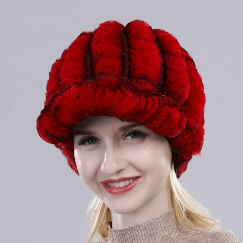 Настоящий мех кролика шапка леди зима натуральный настоящий мех кролика шапка женская вязаная теплая натуральная меховые шляпки - Цвет: red