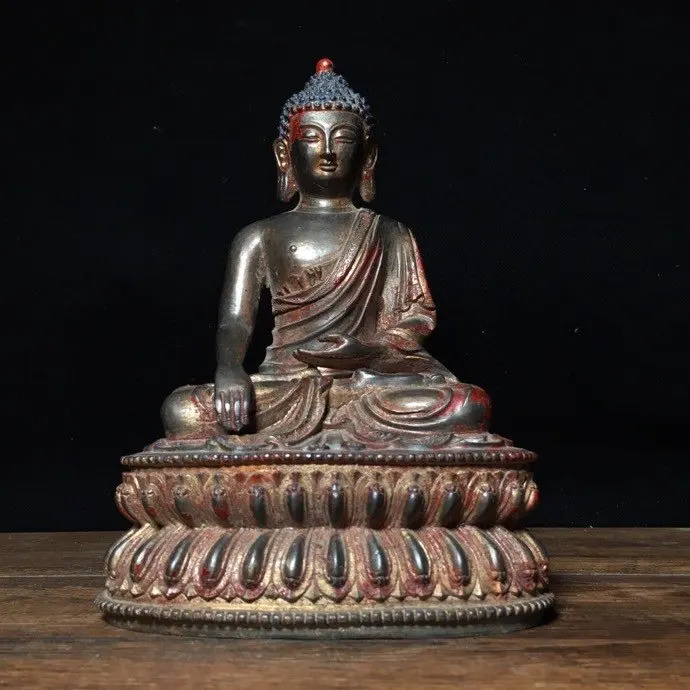 

9"Tibet Buddhism Temple Old Bronze Cinnabars Shakyamuni Buddha Statue Sitting on a double lotus platform Enshrine the Buddha