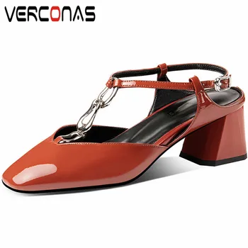 

VERCONAS Ankle Strap Woman Pumps Woman Sandals Summer Patent Leather Metal Decoration Chains Square Toe High Heels Shoes Woman
