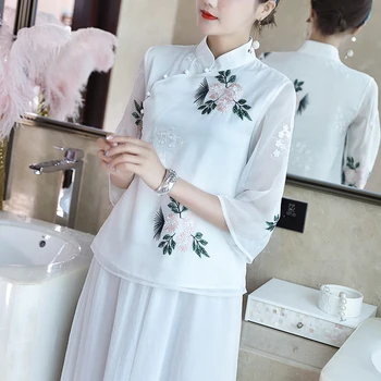 

2020 chinese shirts mountain painting elasticity qipao tops women's seven quarter sleeve printing elastic tang costume
