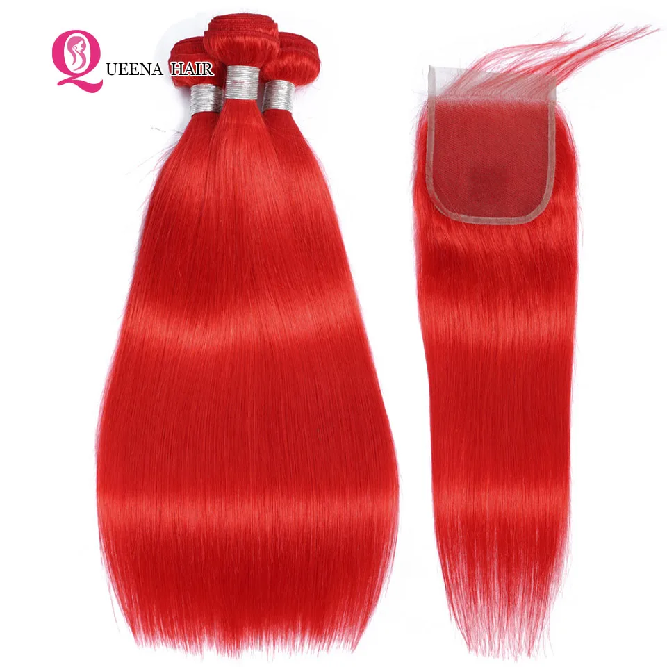 Red Straight Brazilian Human Hair Bundles with Closure, Pre-Plucked Remy Weave image 3