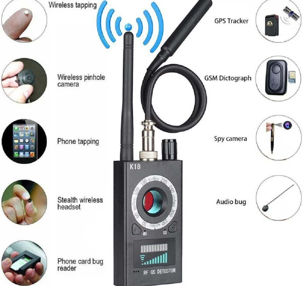K18 Gps Jammer Spy Wiretap Bug Detector Mini Hidden Camera GPS GSM RF Tracker Camera Espia Sound Signal Spy Finder Detector