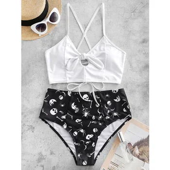 

2020 New Sexy Print Bikini Set Women White Bow Knot Swimsuit Front Cutout Swimwear S-XL Female High Waist Bathing Suit Beachwear
