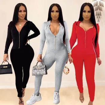 

One Piece Jumpsuit Women Romper Femme Tight Sexy Jumpsuit Women Long Sleeve Hoody Zipper Club Outfits Party Jumpsuit Overalls