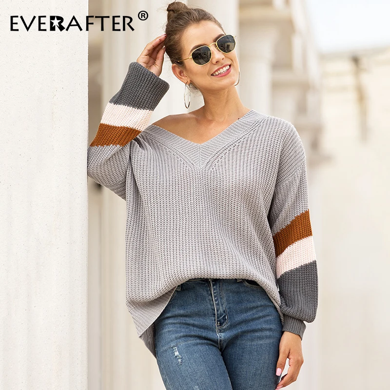 

EVERAFTER Streetwear Patchwork color women pullover sweater V-neck striped print loose lantern sleeve casual sweatrers female