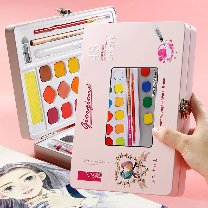 

36/48 Colors Pink/Blue Solid Watercolor Paint Set With Iron Box For School Students Watercolor Painting Pigment Art Supplies