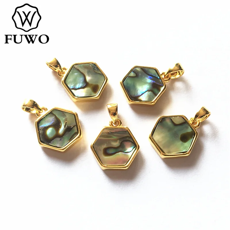 Abalone Shell FUWO шестигранный корпус кулон с медным ободком высокого качества натуральный розовый черный белый Seashell Шарм для изготовления ювелирных изделий PD582 - Окраска металла: Abalone Shell