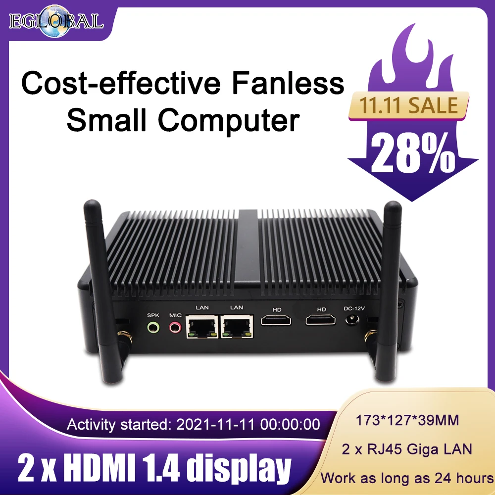 Eglobal Nuc Fanless Mini PC Windows 10 AES-NI pfSense OpenVPN Soft Router Computer Intel Pentium N3700 Quad Core 2*Lans 2*HDMI