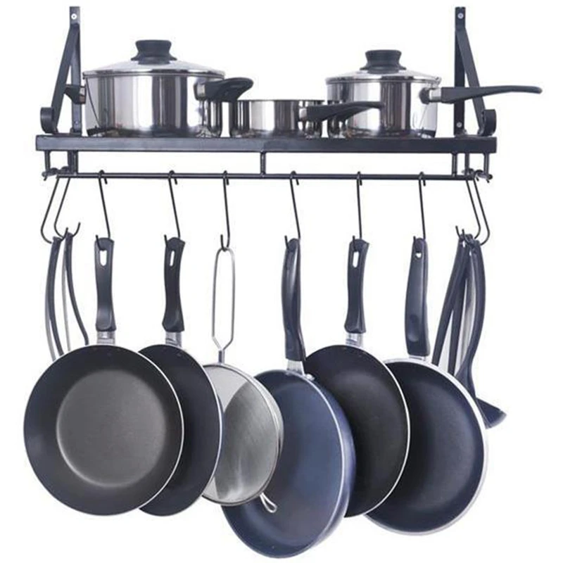 

Kitchen Metal Art Storage Rack Wall Mount Storage Organizer Multifunction Shelf Holder Bathroom Shelf Pot Rack with Hooks 45Cm