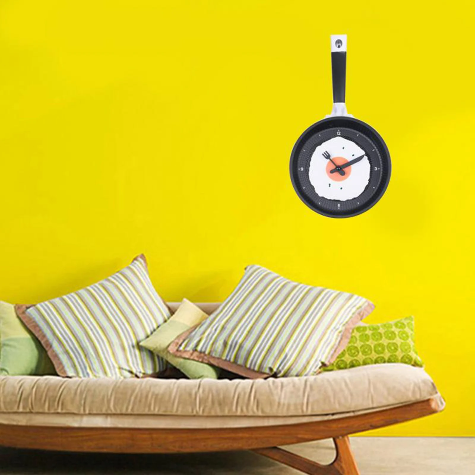 Frying Pan with Fried Egg Shaped Wall Clock Orange Back, Shabby Chic,Kitchen Themed Unique Wall Clock 