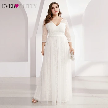 

Plus Size Lace Wedding Dresses Ever Pretty EP00806WH A-Line V-Neck 3/4 Sleeve Sequined Tulle Elegant Bride Gowns Robe De Mariee
