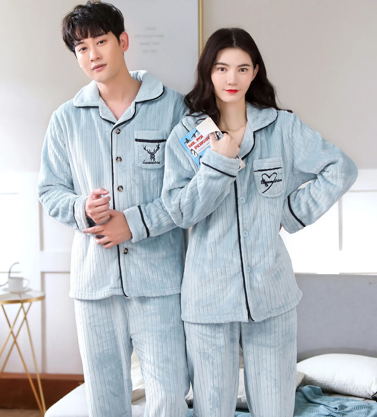 Autumn Winter Coral Velvet Couple Pajamas Set V-Neck Plus Size Home Service Suit Casual Women Flannel White Sleepwear Nightwear silk pajamas