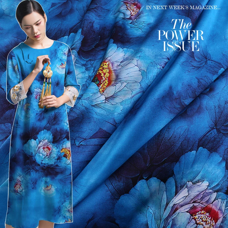 

Natural Silk Fabric Flower Peony Printing 19mm 42'' Elastic Stretch Silk Satin Dress Cloth 93%silk 7%spandex