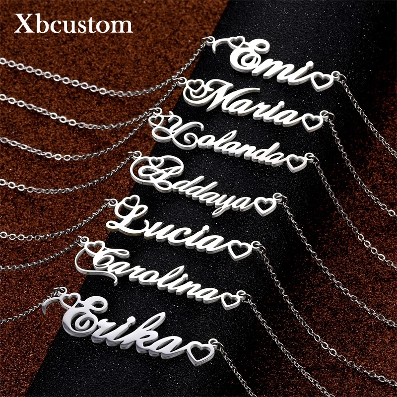 Collar con nombre personalizado para hombre y mujer, gargantilla de corazón con letras de acero inoxidable, colgante plateado, placa con nombre personalizada