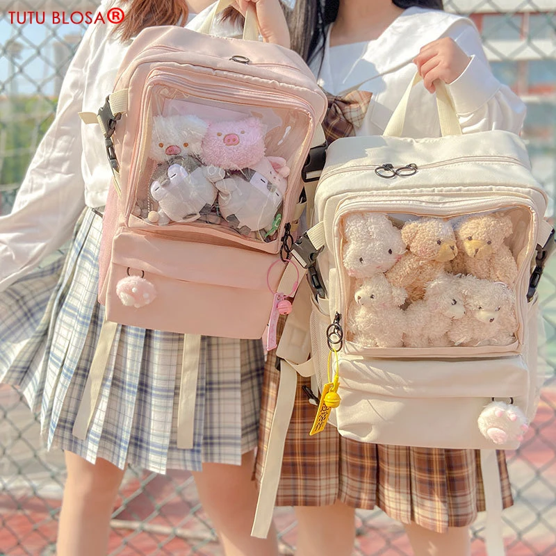 Clear-Backpack Ita-Bag Canvas Ladies Kawaii Schoolbag Teenage Girls for Transparent Red