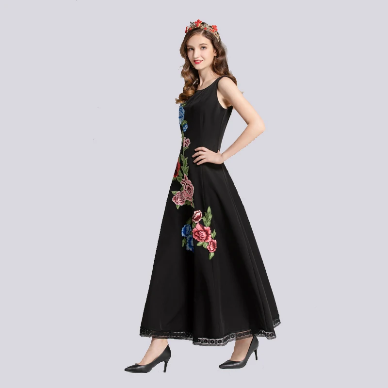 Модное шоу Moda Цветочные Vestidos de Festa Sem Mangas das Mulheres Do винтажные Flor Preto Bordado Vestido longo