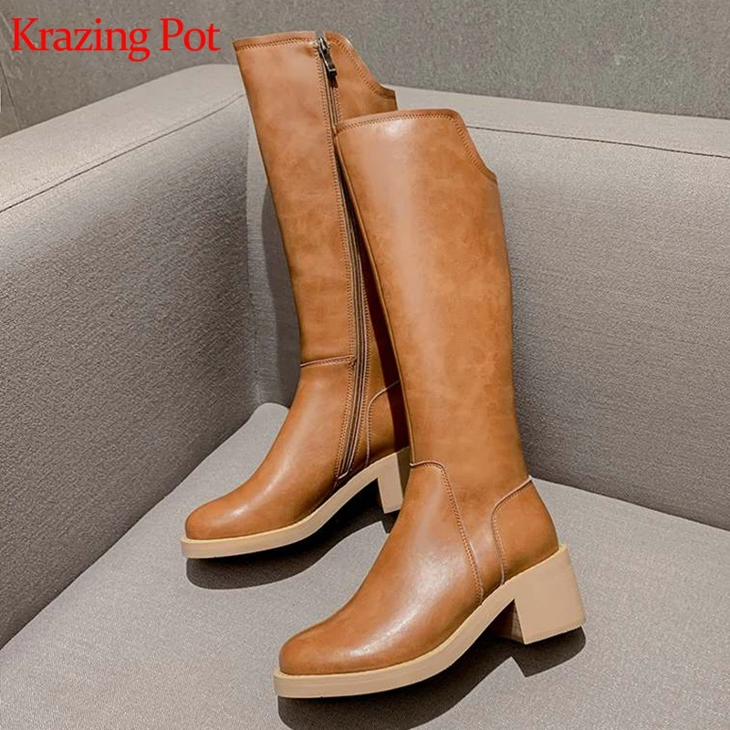 

krazing pot natural cow leather knee-high boots round toe thick high heels model fashion gladiator winter warm long boots l69