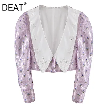 

DEAT 2020 new autumn full sleeves fashion women clothes purple color sequins single short length shirt female blouse 7A06914L