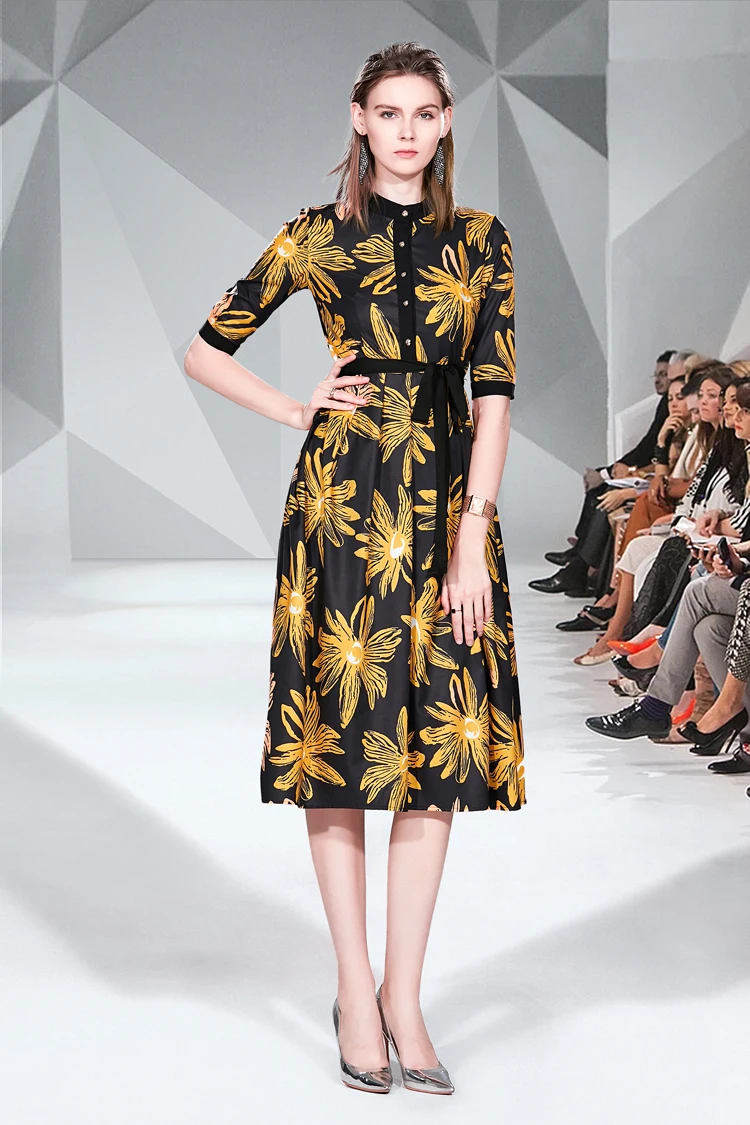 H Han Queen New Printed Pleated Dress Women Work Party Slim Sexy Casual Dresses O-neck A-line Vintage Office Vestidos