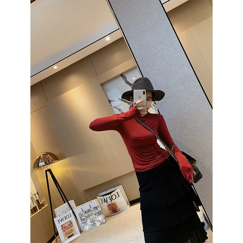 claret-red LANMREM новая осенне-зимняя женская одежда Basics inside wear водолазка вязанная Футболка Женский Топ Тонкий wj04006 - Цвет: claret-red