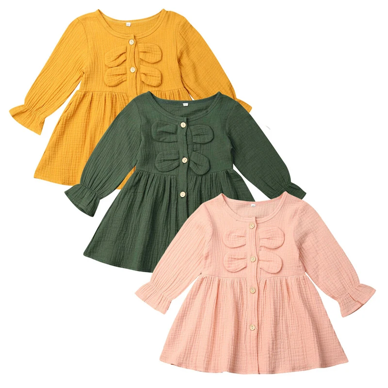 

Toddler Kids Baby Girl Dress Cotton Linen Solid Dress Long Sleeve Button Ruffle Princess Clothes 3 Colors
