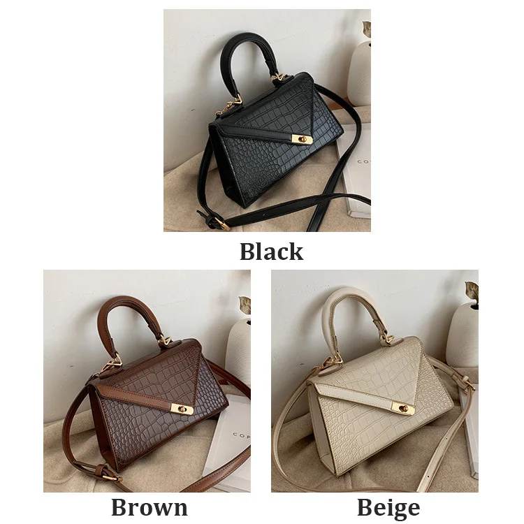 Women Small Top Handle Bag Luxury Brand Trapezoid Shaped Handbag for Women Girls Crocodile Print PU Leather Cross body Bag Beige (1)