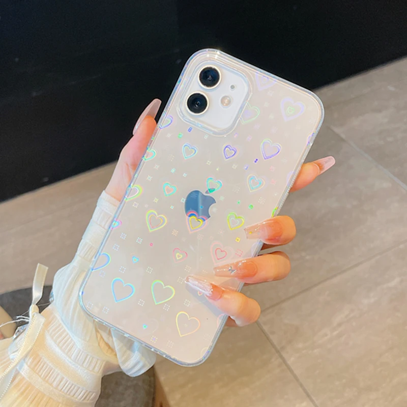 Fashion Gradient Laser Love Heart Pattern Clear Phone Case For iPhone 13 11 12 Pro Max X XS XR 7 8 Plus SE2020 Shockproof Bumper