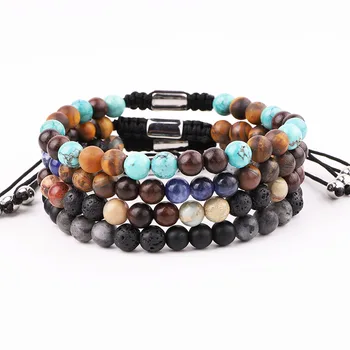 High Quality 6mm Frost Matte Natural Stone Tiger Eye Turquoise Beaded Braided Macrame Friendship Bracelet Men