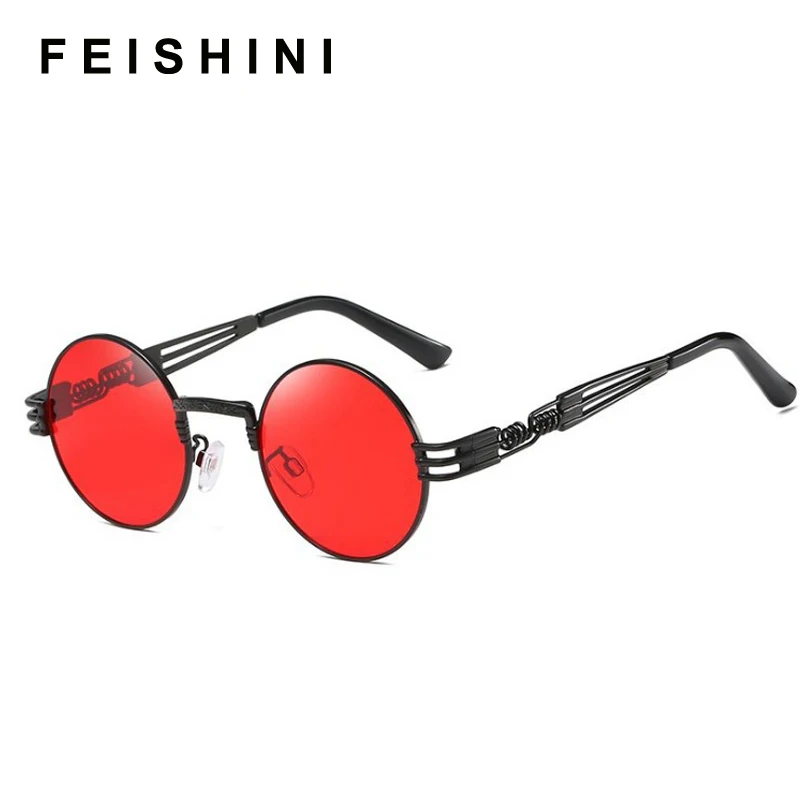 

FEISHINI 2022 Red Punk Polarized Sunglasses Men Round Alloy Frame Vintage Brand Designer Women Sun Glasses For Driving Party UVA