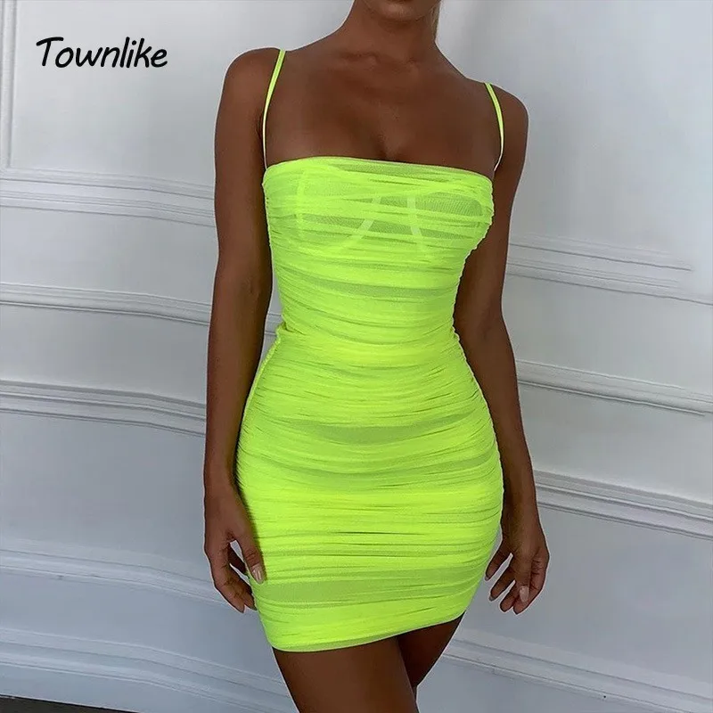 Женское неоновое Сетчатое платье на бретельках с флуоресцентной флуоресценцией