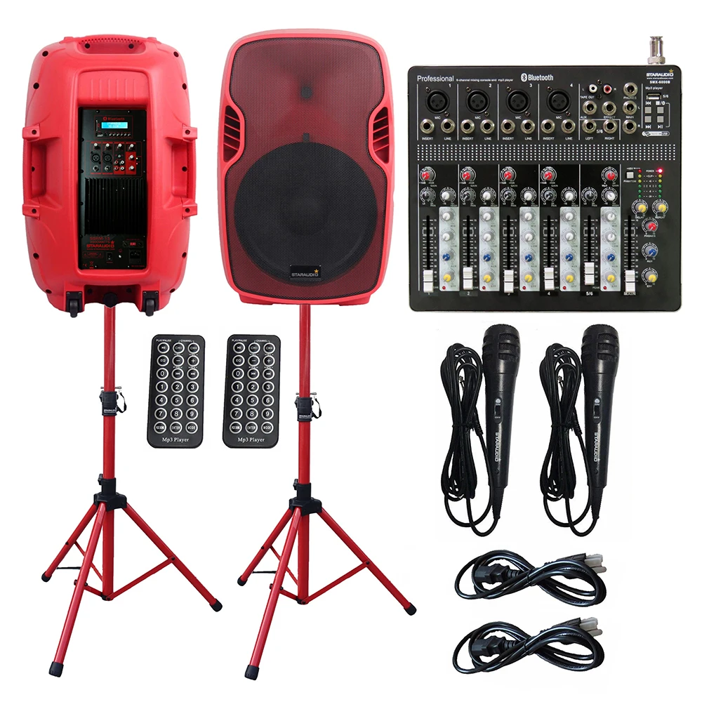 

STARAUDIO 2X 3500W 15" Powered PA Active Speakers System DJ Stands Wired Microphones 6 Channel USB Bluetooth Mp3 Mixer SSRM-15