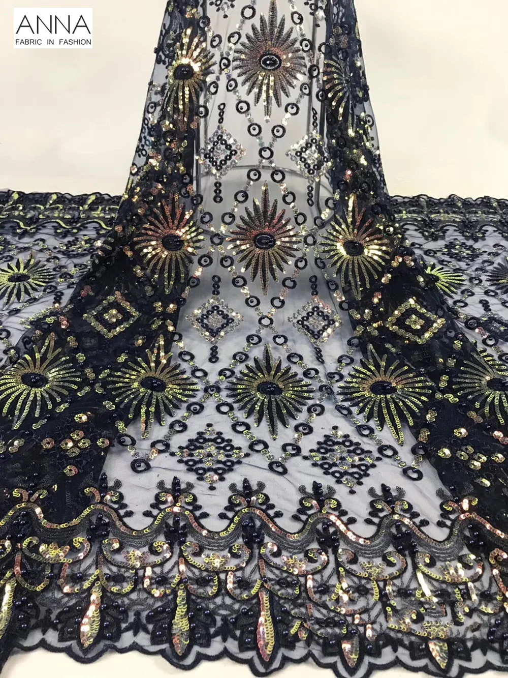 

Black African Embroidered Lace 2019 Net Lace Fabric Heavy French Beaded Lace Fabric Shiny Glitter Tulle Lace For Evening Dress
