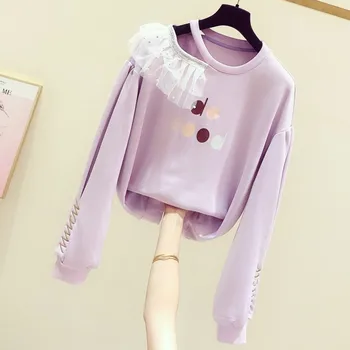 

2020 New Spring Autumn Patchwork Beading Lace Long Sleeve Pullovers Sweatshirts Loose O Neck Female Basic Top for Students