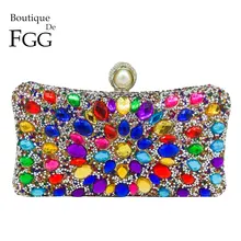 Boutique De FGG Multi Color Crystal Women Pearl Beaded Black Evening Metal Clutches Bag Wedding Party Prom Bridal Handbag Purse
