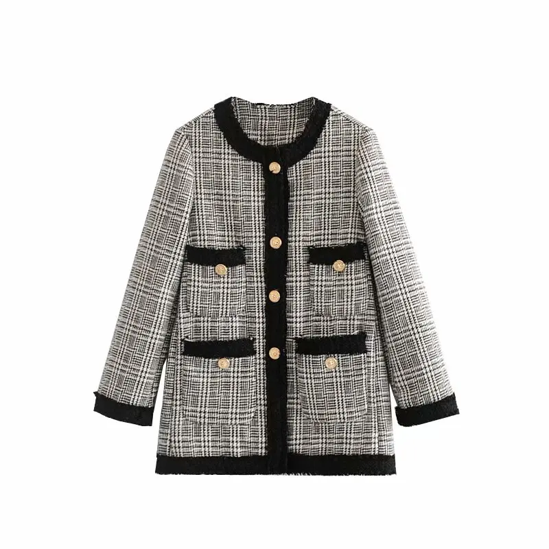 gray blazer Звездный Светлячок свободный круглый вырез карман Бизнес Офис клетчатый костюм женский длинный рукав твидовый Повседневный Длинный блейзер для женщин - Цвет: gray blazer