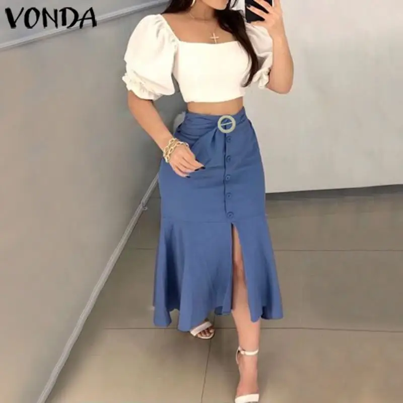 Летние женские юбки VONDA для девушек, сексуальные, расклешенного силуэта с поясом, элегантные, разрезные, вечерние, офисные юбки, праздничная пляжная одежда размера плюс