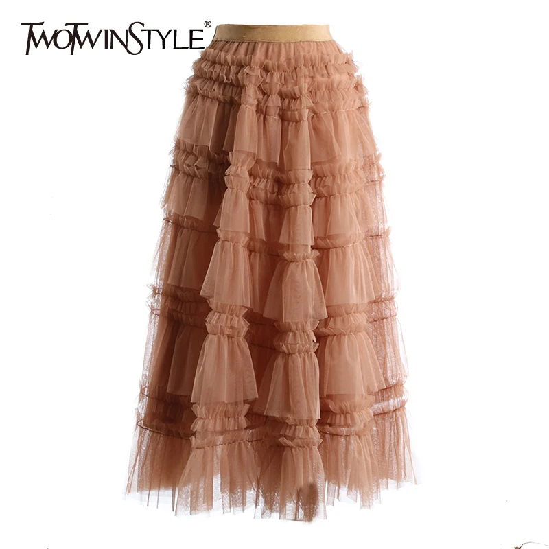 

TWOTWINSTYLE Patchwork Ruffle Black Skirt For Women High Waist Casual Ball Gown Skirts Female Fashion New Clothing 2021 Spring