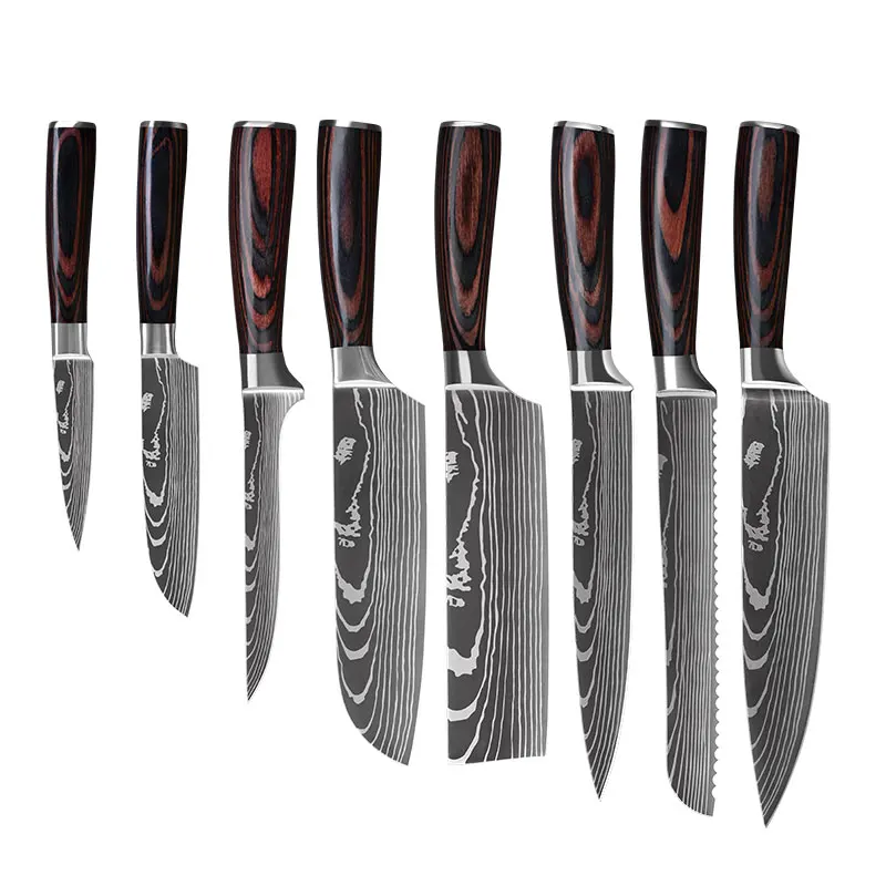 8 PCS value set Timhome Популярные кухонные ножи Набор Профессиональный японский дамасский лазерный узор 7CR17 440C высокоуглеродистой нержавеющей нарезки Santoku - Цвет: 8 PCS value set