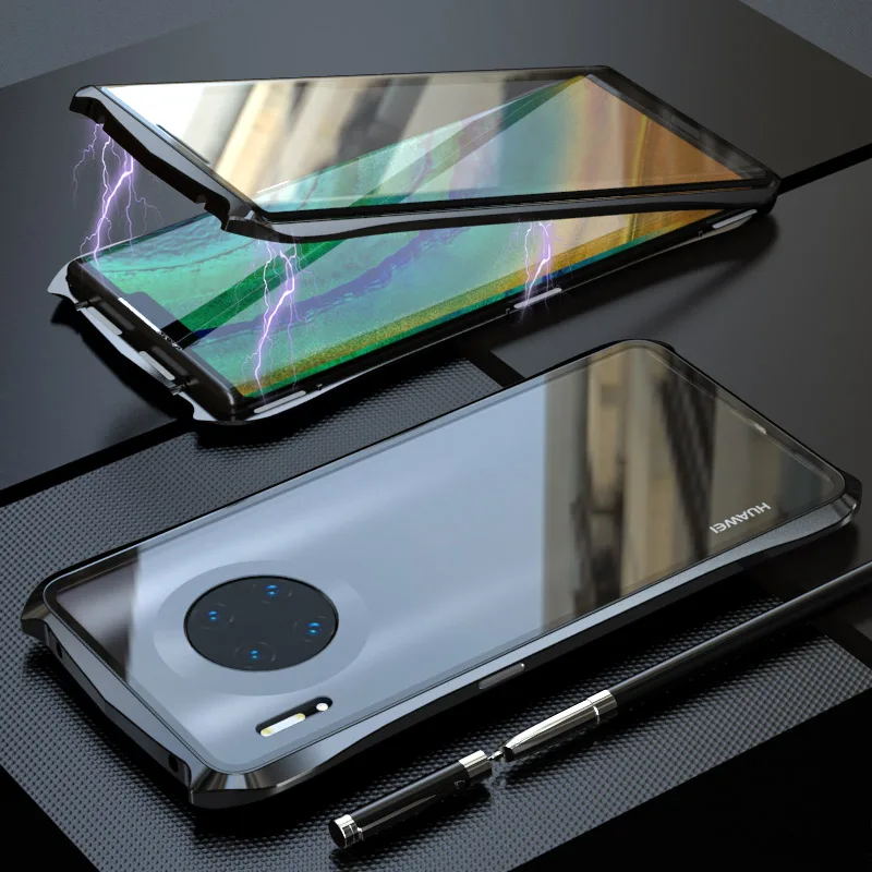 Luphie Магнитный адсорбционный чехол для huawei mate 30 Pro Роскошный металлический бампер Анти-взрыв закаленное стекло полный защитный чехол - Цвет: Black