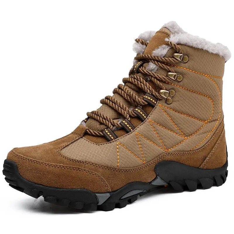 Vastwave Plus Size Unisex Men Winter Boots fur Warm Women Snow Boots Waterproof Lace-Up Men's Ankle Boot Male Hiking Shoes - Color: 8066Khaki