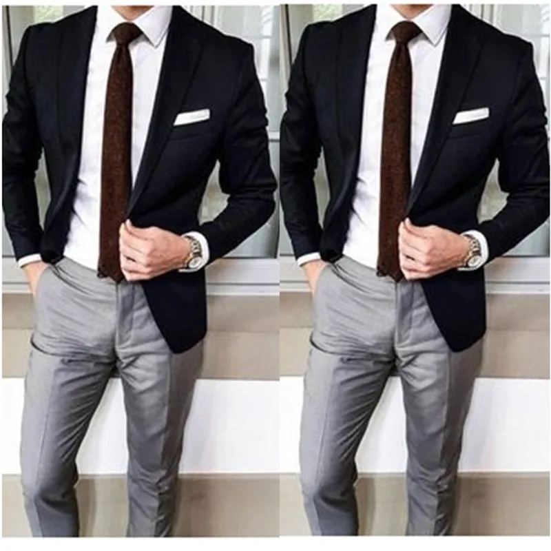 Custom Men Suits Tuxedo for Wedding Business Blazer Peak Lapel Costume Party Suits Black Jacket Grey Pant