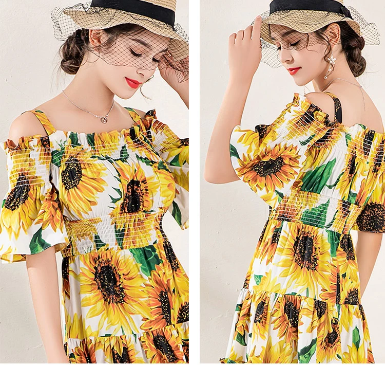 LINHGHAN Spring Autumn Cotton Dress Women Runway Fashion Designer Off Shoulder Flower Print Sexy Lady Strap Dresses Vestidos New